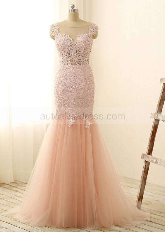Blush Pink Lace Tulle Sheer Back Mermaid Long Prom Dress 